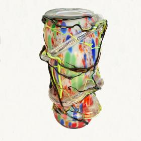 Angelo Rinaldi, Liane, Vaso Scultura  in vetro soffiato di Murano, vetri policromi a rilievo e sommersione di pasta di vetro policroma, h. cm.43x22x20, firmato e datato 1964