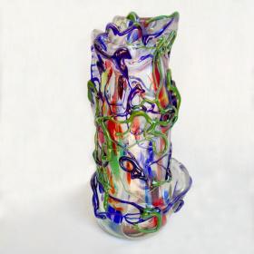 Angelo Rinaldi, Liane, Vaso Scultura, in vetro soffiato di Murano , vetri policromi  sovrapporti a rilievo e sommersione di pasta di vetro policromo, h. cm. 40x21x21, firmato e datato 1965