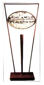  Angelo Rinaldi, Narciso, scultura in cristallo  e specchio, scolpiti,   cm.53,5x85, con struttura in acciaio patinato, dimensioni totali, h. cm. 230  anno1997