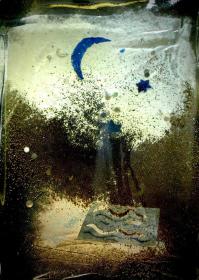  Angelo Rinaldi,Songo di una notte di mezza estate, scultura in vetro massello com materiali tecnologici in sommersione, su plinto, luminoso in ferro ruggine, cm.31,4x22,5x5, totale h.cm.161,5, anno 2010